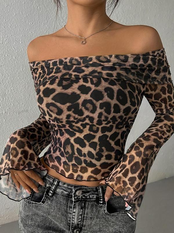 Women's Leopard-Print Mesh Crop Top, Fashion Casual Long Sleeve Top for Spring & Fall, Women's Clothing for Daily Wear