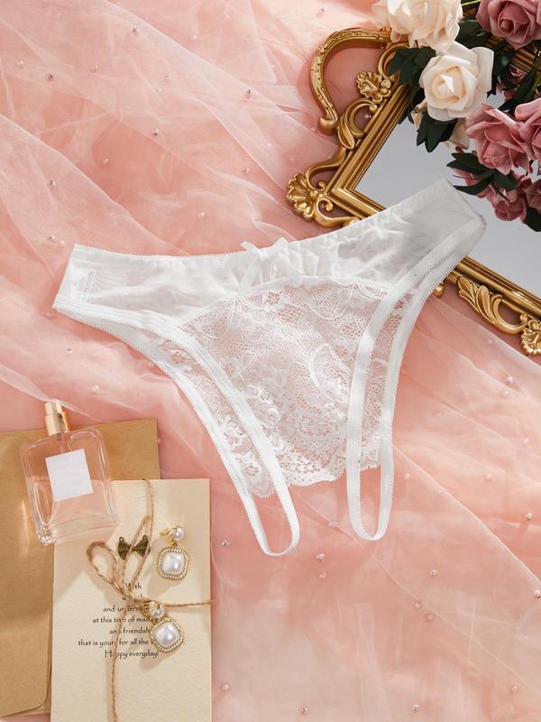 Women's Floral Lace Bow Decor Cut Out Sexy Panty, Soft Comfy Breathable Crotchless Knicker for Daily Wear, Women's Underwear for All Seasons