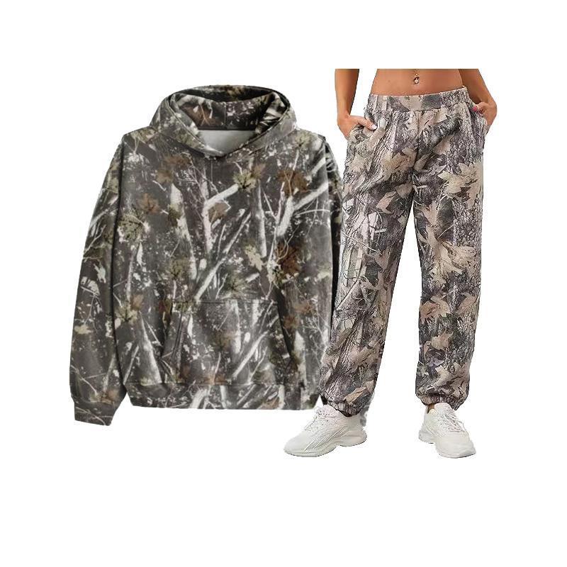 Women's Camouflage Sweatshirt Set 2 Pieces Camouflage Hoodie Maple Leaf Print Oversized Sweatshirt Set