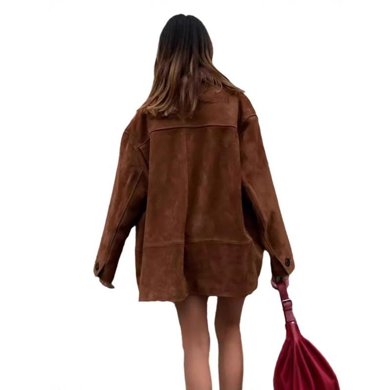 202 Retro Lapels Long Sleeve Button Suede Coat Fashion Women's Loose Pockets Jacket