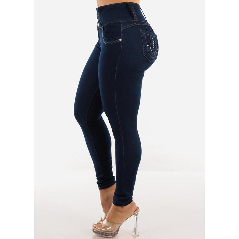 Dark Wash High Waist Butt Lifting Skinny Jeans w Pocket Design