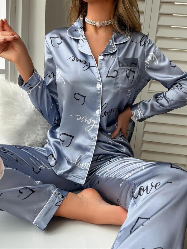 Two-Piece Set Women's Heart Print Lapel Pocket Shirt & Elastic Waist Pants Satin Pyjamas, Long Sleeve Button Front Shirt & Trousers PJ Set, Women's Sleepwear for Spring & Fall