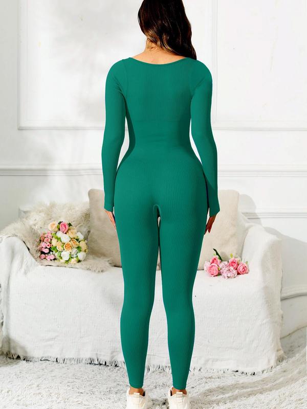 Women's Solid Thumb Hole Long Sleeve Sports Jumpsuit, Casual Sporty Comfy Scoop Neck Jumpsuit for Yoga Gym Workout, Ladies Sportswear for All Seasons