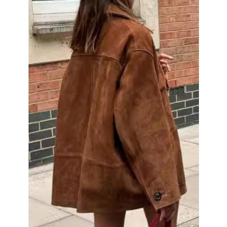 202 Retro Lapels Long Sleeve Button Suede Coat Fashion Women's Loose Pockets Jacket