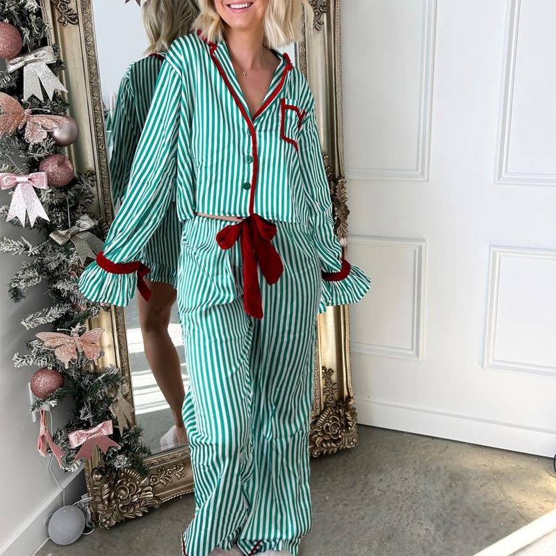 Christmas Pajamas Striped Button Shirt Bow Tie Long Sleeve Shirt Top + Wide Leg Pants Women's Holiday Casual Pajamas