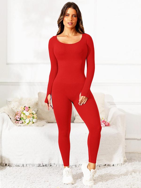 Women's Solid Thumb Hole Long Sleeve Sports Jumpsuit, Casual Sporty Comfy Scoop Neck Jumpsuit for Yoga Gym Workout, Ladies Sportswear for All Seasons