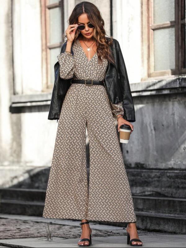 Women's All Over Print Belted Wrap Wide Leg Jumpsuit, Elegant Bishop Sleeve V Neck Jumpsuit for Spring & Fall, Women's Clothes for Daily Wear