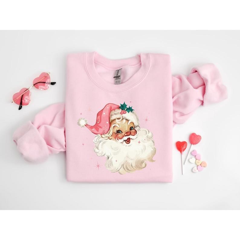 Pink Santa Retro Christmas T-Shirts Sweatshirts for Women Pink Christmas Matching Family Sweaters Pink Vintage Holiday Crewneck Group Party NP