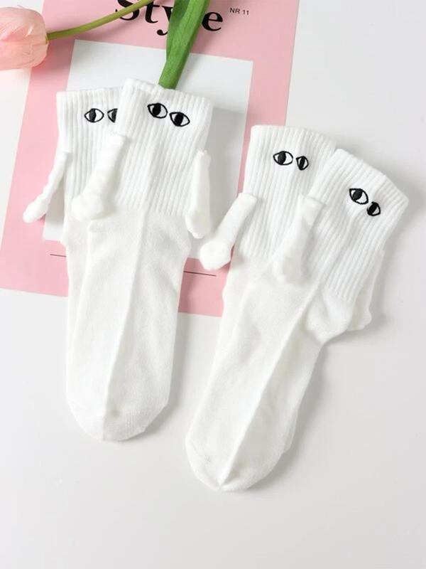 Women's 2 Pairs Cartoon Face Print Magnetic Crew Socks, Cute Comfy Socks for Daily Wear, Women's Socks for Spring & Fall