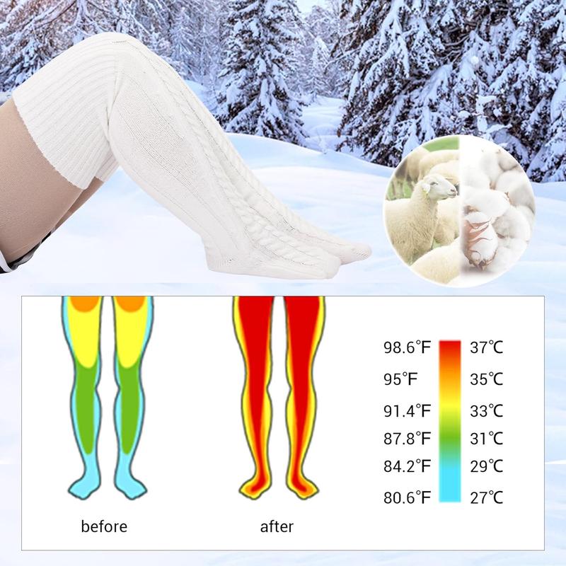 Wool Plus Size Thigh High Socks For Thick Thighs- Extra Long Womens Warm Cable Knit Over Knee Stockings Leg Warmers