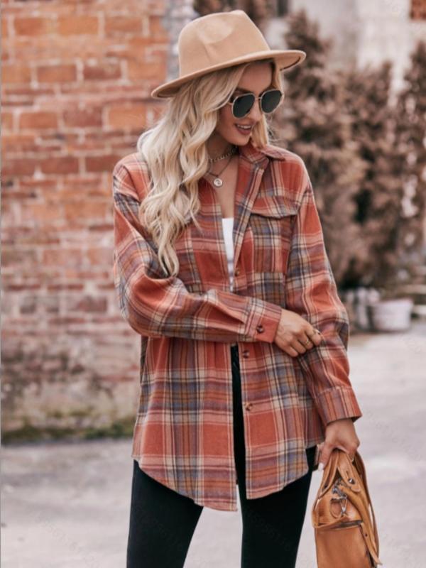 Women's Plaid Print Button Front Drop Shoulder Shirt, Casual Long Sleeve Pocket Top for Spring & Fall, Women's Clothes for Daily Wear