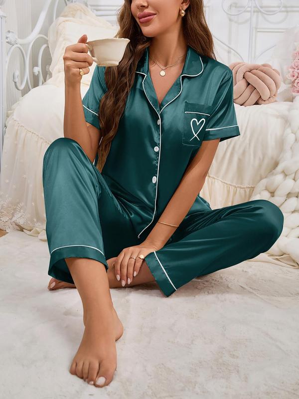 Two-Piece Set Women's Heart Embroidery Contrast Binding Pajama, Short Sleeve Button Up Shirt & Elastic Waist Pants PJ Set, Casual Comfy Pyjama Set for Women