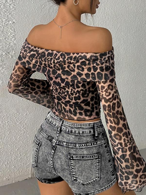 Women's Leopard-Print Mesh Crop Top, Fashion Casual Long Sleeve Top for Spring & Fall, Women's Clothing for Daily Wear