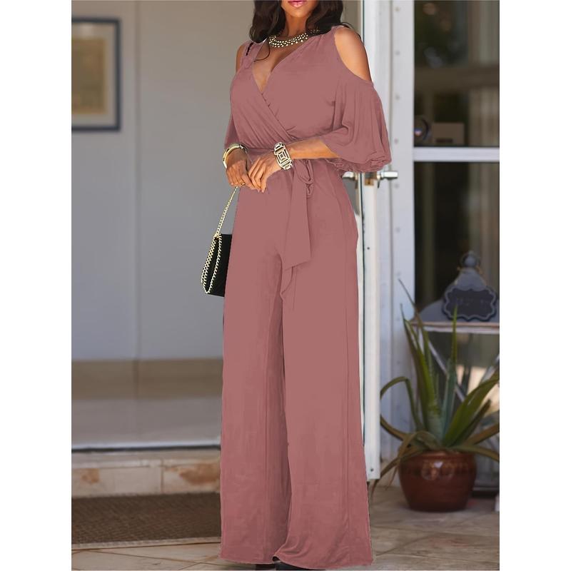 Solid Cold Shoulder V-neck Jumpsuit, Elegant Half Sleeve Jumpsuit, Suitable for Spring and Summer, Women's Clothing