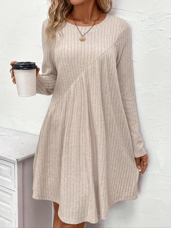 Women's Solid Ribbed Long Sleeve Dress, Elegant Round Neck A Line Dress for Spring & Fall, Women's Clothing for Daily Wear