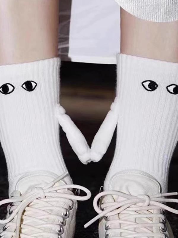 Women's 2 Pairs Cartoon Face Print Magnetic Crew Socks, Cute Comfy Socks for Daily Wear, Women's Socks for Spring & Fall