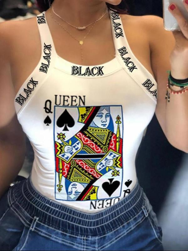 Women's Cartoon Queen & Letter Print Bow Back Tank Top, Casual Sleeveless Top for Summer, Ladies Clothes for Daily Wear