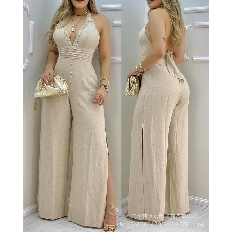 New Beige Halter Lace Patchwork Slit Jumpsuit Welcome Free Beautiful New Life