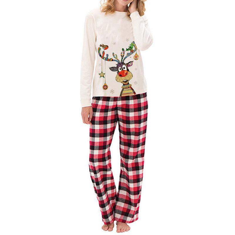 2024 New Family Matching Christmas Pajamas Sets Long Sleeve Deer Print Tops + Plaid Pants Homewear Sleepwear Loungewear Nightwear Xmas Pj's Clothes Womenswear Check