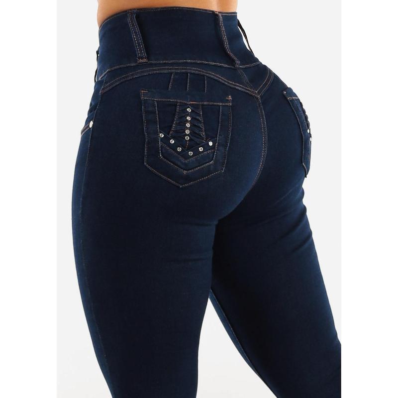 Dark Wash High Waist Butt Lifting Skinny Jeans w Pocket Design