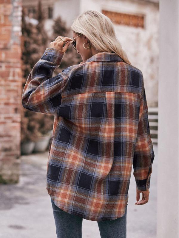 Women's Plaid Print Button Front Drop Shoulder Shirt, Casual Long Sleeve Pocket Top for Spring & Fall, Women's Clothes for Daily Wear