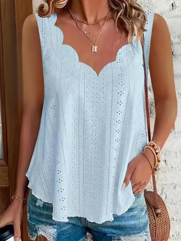 Plus Size Eyelet Embroidery Scallop Trim V Neck Tank Top, Casual Solid Sleeveless Top for Summer, Women's Plus Clothing for Daily Wear