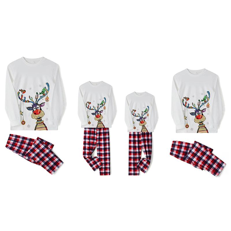 2024 New Family Matching Christmas Pajamas Sets Long Sleeve Deer Print Tops + Plaid Pants Homewear Sleepwear Loungewear Nightwear Xmas Pj's Clothes Womenswear Check