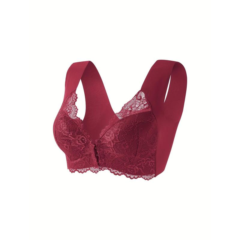 Solid Seamless Floral Lace Semi See-through Front Closure Wireless Bra, Sexy Comfortable Push up Bra, Women's Underwear and Underwear