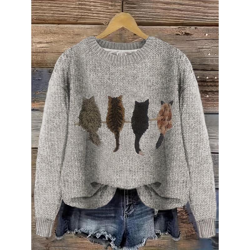 Cat Print Crew Neck Color Block Casual Pullover Sweater in Knit Polyester Fabric for Fall Winter Collar Knitwear