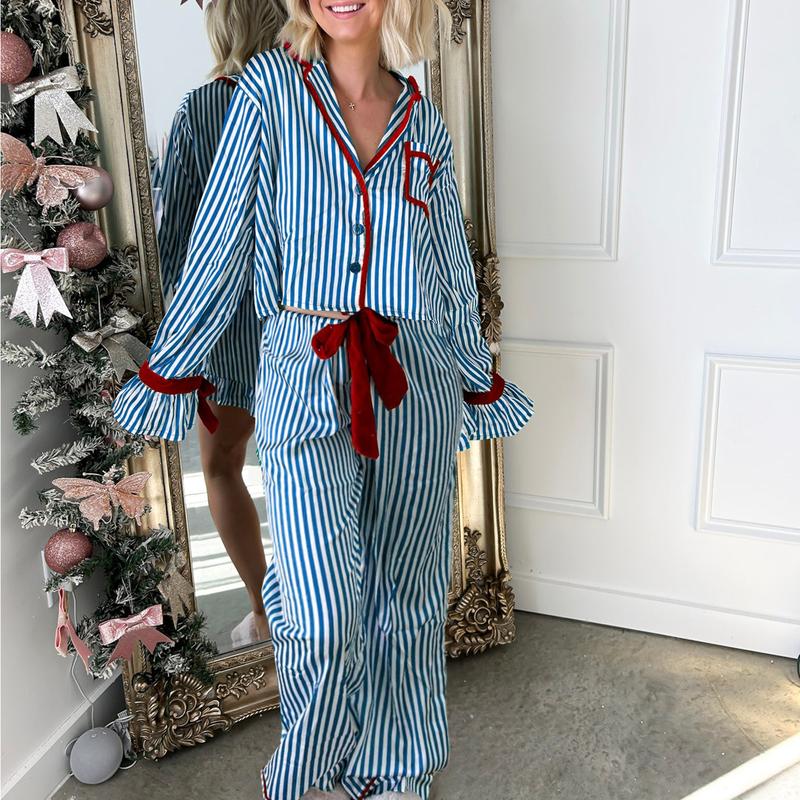 Christmas Pajamas Striped Button Shirt Bow Tie Long Sleeve Shirt Top + Wide Leg Pants Women's Holiday Casual Pajamas