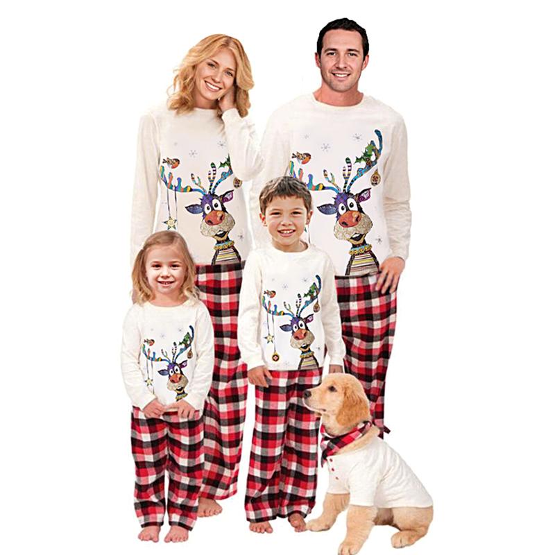 2024 New Family Matching Christmas Pajamas Sets Long Sleeve Deer Print Tops + Plaid Pants Homewear Sleepwear Loungewear Nightwear Xmas Pj's Clothes Womenswear Check