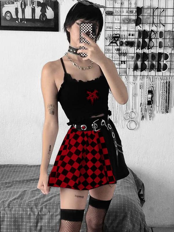 Women's Colorblock Plaid Print High Waist Flared Skirt without Waist Belt, Punk Fashion Casual Short Skirt for Daily Outdoor Wear, Ladies Bottoms for All Seasons