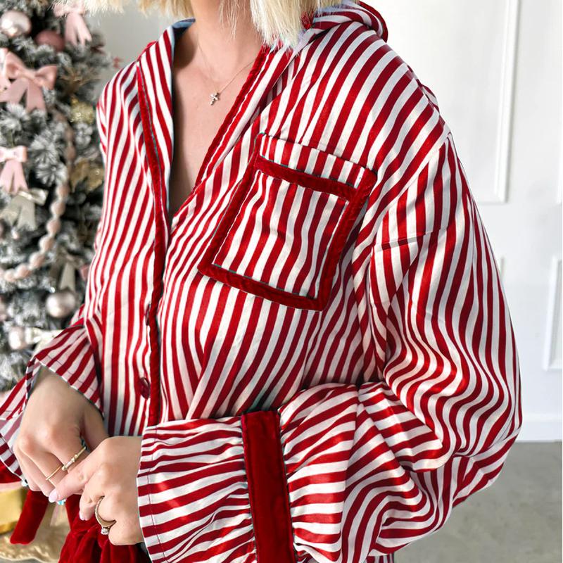 Christmas Pajamas Striped Button Shirt Bow Tie Long Sleeve Shirt Top + Wide Leg Pants Women's Holiday Casual Pajamas