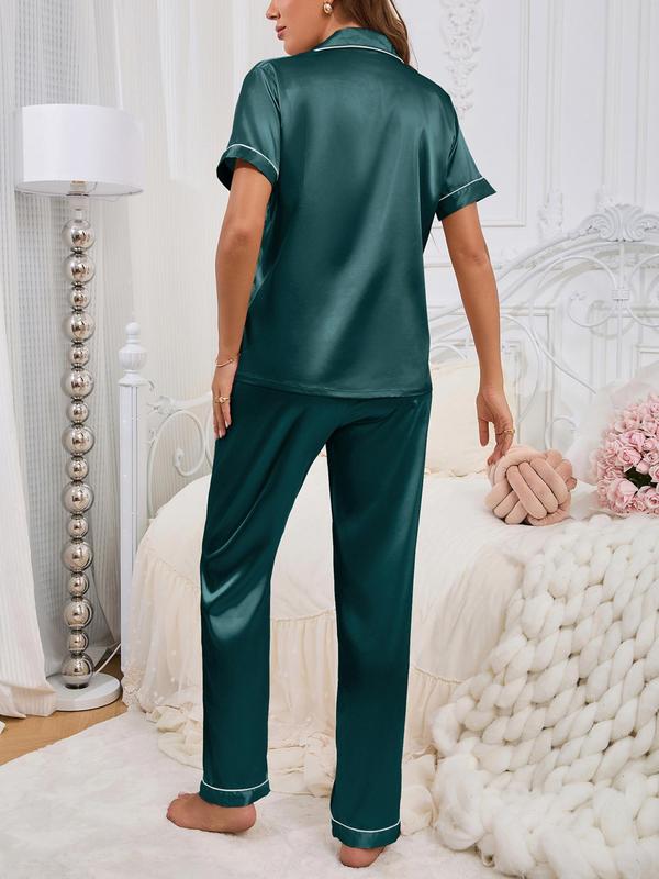 Two-Piece Set Women's Heart Embroidery Contrast Binding Pajama, Short Sleeve Button Up Shirt & Elastic Waist Pants PJ Set, Casual Comfy Pyjama Set for Women