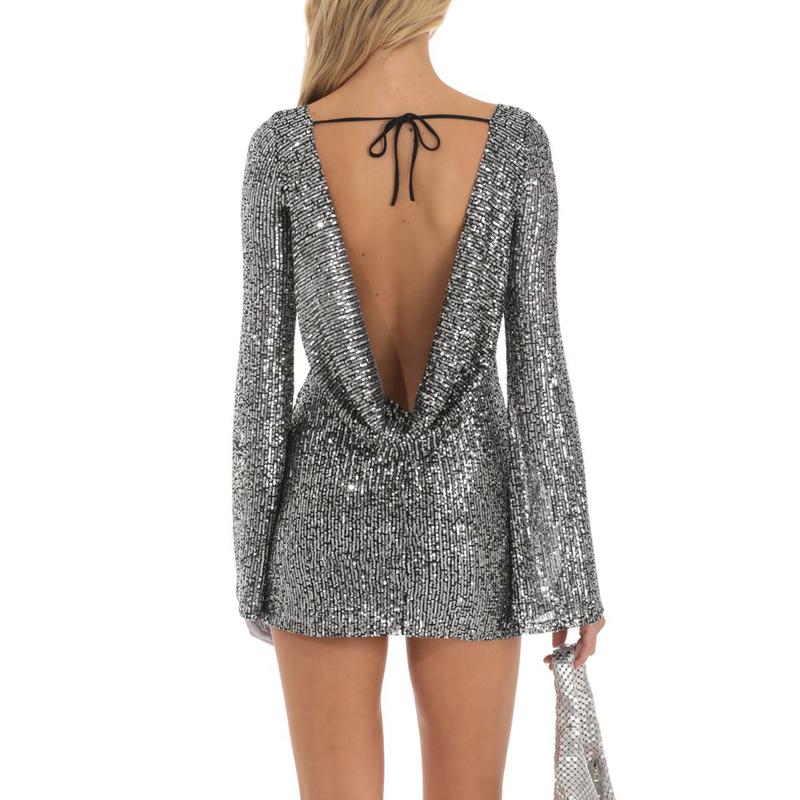 Women Mini Bodycon Dress Sequins Long Sleeve Tie-Up Backless Cocktail Dress Spring Fall Party Dress