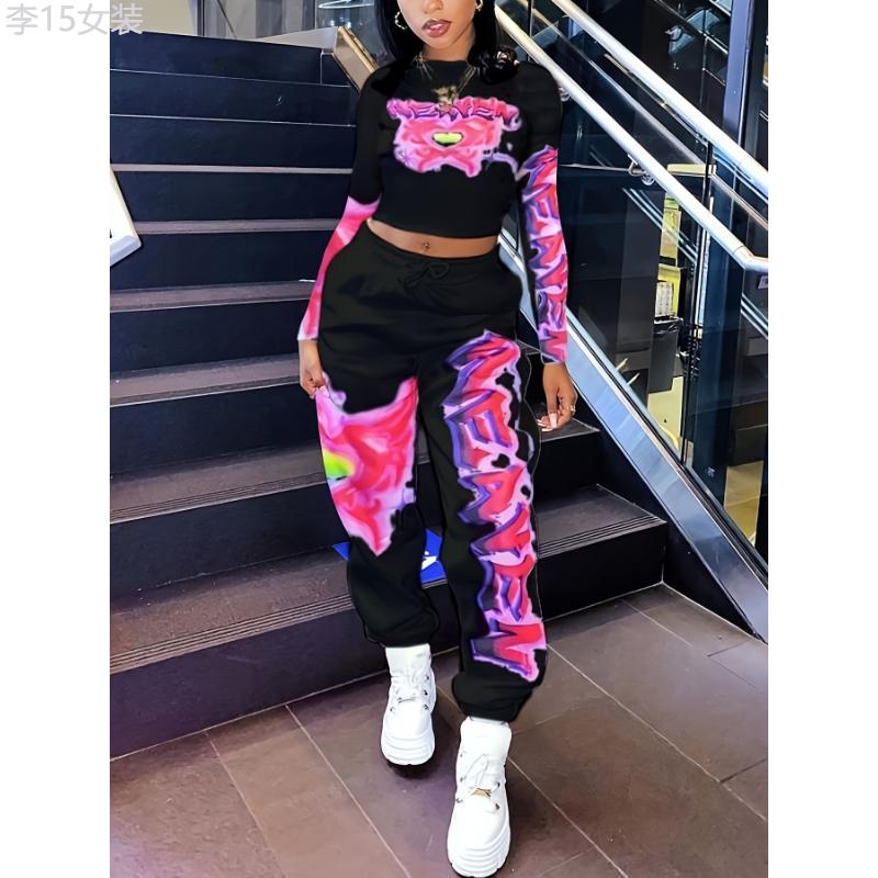 Y2K 2 Pcs Letter Print Top & Pants Set, Long Sleeve Crew Neck Top & Drawstring Waist Jogger Sweatpants, Women's Clothing Fabric Womenswear