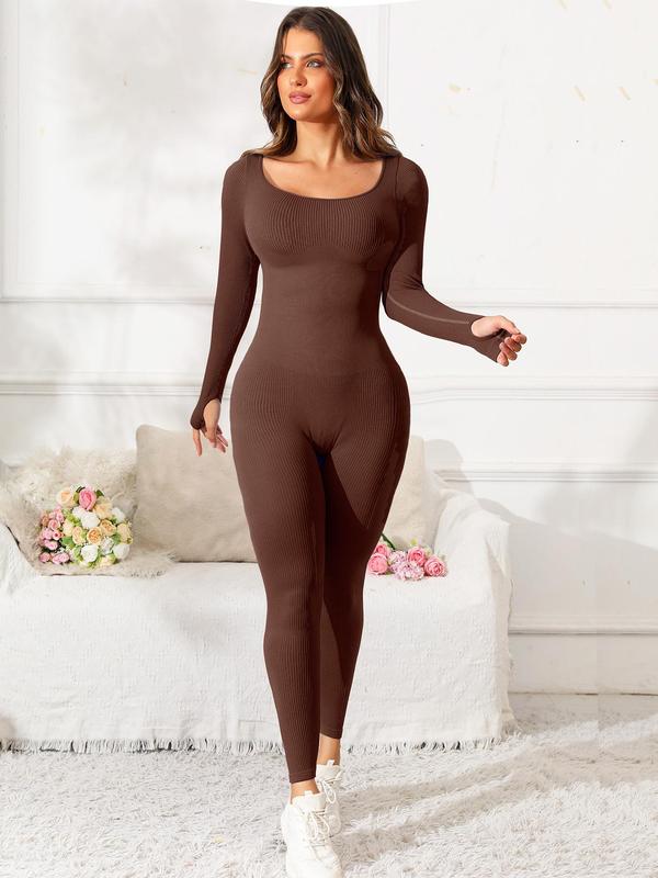 Women's Solid Thumb Hole Long Sleeve Sports Jumpsuit, Casual Sporty Comfy Scoop Neck Jumpsuit for Yoga Gym Workout, Ladies Sportswear for All Seasons