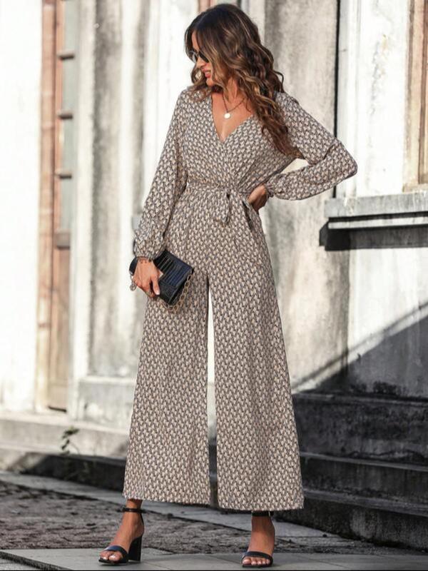 Women's All Over Print Belted Wrap Wide Leg Jumpsuit, Elegant Bishop Sleeve V Neck Jumpsuit for Spring & Fall, Women's Clothes for Daily Wear