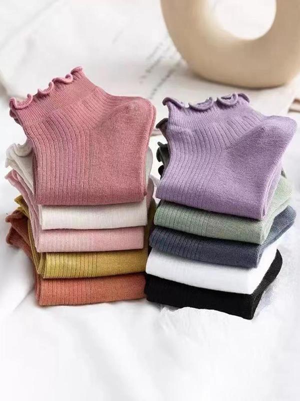 Random Women's Solid Lettuce Trim Crew Socks, Casual Moisture Wicking Socks, Soft Comfy Breathable Socks for All Seasons Daily Wear