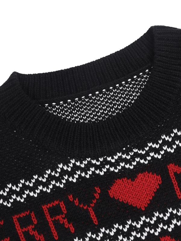 Women's Christmas Reindeer & Heart Print Drop Shoulder Sweater, Casual Long Sleeve Round Neck Jumper for Fall & Winter, Ladies' Knitwear for Daily Wear