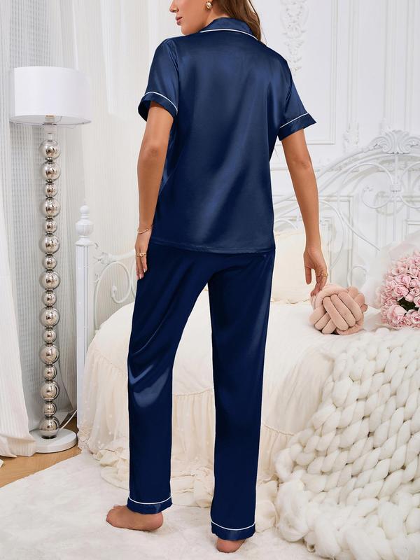 Two-Piece Set Women's Heart Embroidery Contrast Binding Pajama, Short Sleeve Button Up Shirt & Elastic Waist Pants PJ Set, Casual Comfy Pyjama Set for Women