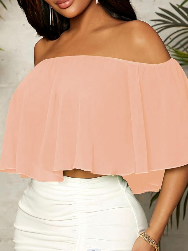 Women's Plain Off Shoulder Ruffle Trim Chiffon Crop Blouse, Elegant Butterfly Sleeve Top for Summer, Ladies Clothes for Daily Vacation Outdoor Wear, Going Out Tops, Tops for Women