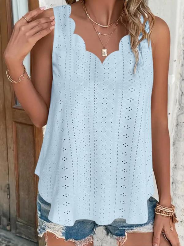 Plus Size Eyelet Embroidery Scallop Trim V Neck Tank Top, Casual Solid Sleeveless Top for Summer, Women's Plus Clothing for Daily Wear