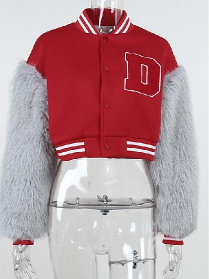 Plush patchwork baseball Jacket cozy outerwear elegant coat