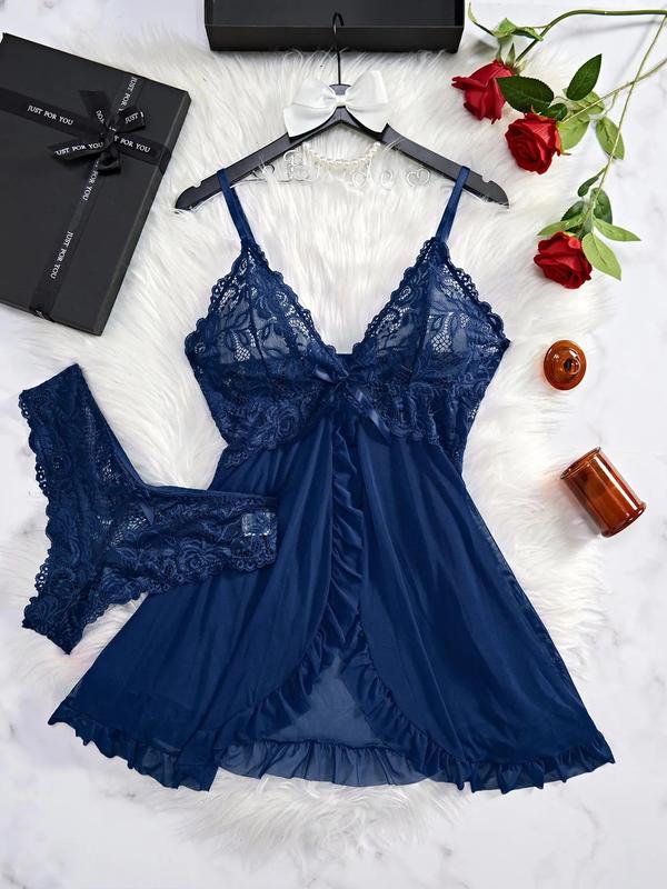 Women's Contrast Lace Ruffle Trim Wrap Cami Nightdress & Bow Front Panty Set, Adjustable Spaghetti Strap Backless Nightgown & Knicker Set, Underwear for Women