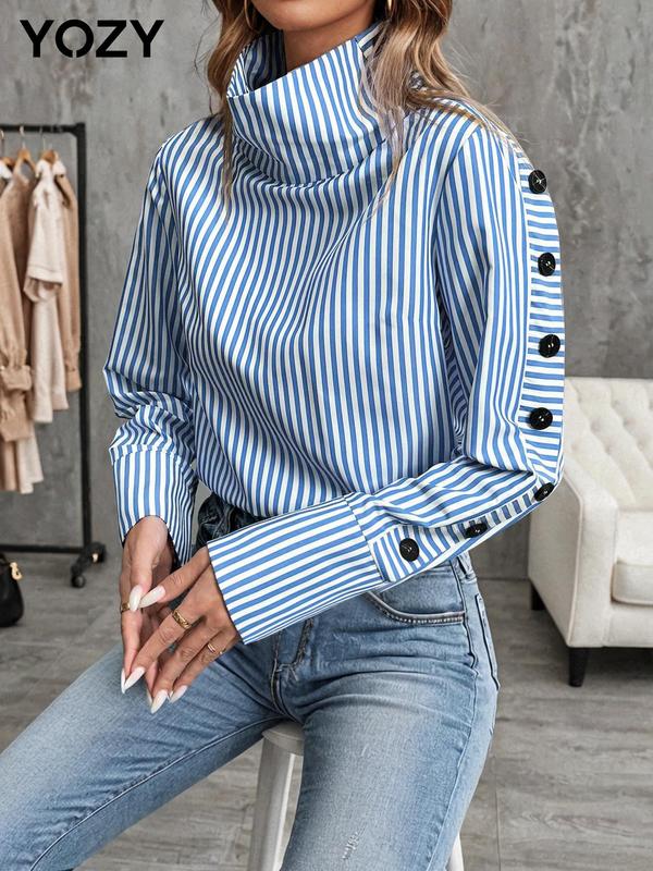 YOZY Women's Striped Print Button High Neck Blouse, Casual Long Sleeve Top for Daily Wear, Ladies Clothes for All Seasons