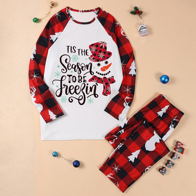 （Mom）Christmas Family Pajamas Matching Set, Snowman Letters Print T-shirt with Plaid Pants Sleepwear Loungewear Crewneck Long Sleeve