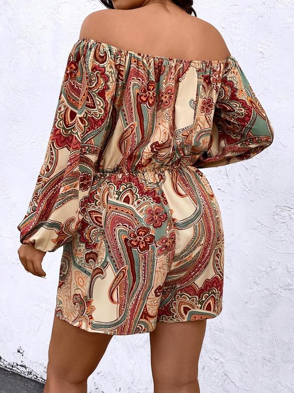 Women's Plus Size Ethnic Pattern Off Shoulder Drawstring Romper, Boho Casual Bishop Sleeve Romper for Summer, Women's Clothes for Daily Wear