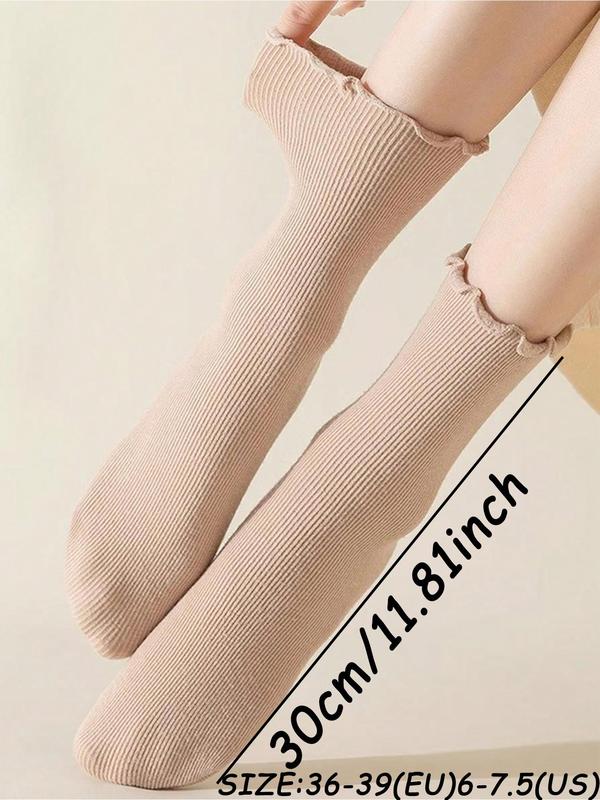 Women's Solid Lettuce Trim Mid-calf Socks, Casual Soft Comfy Warm Socks for Fall & Winter, Women's Socks for Daily Wear