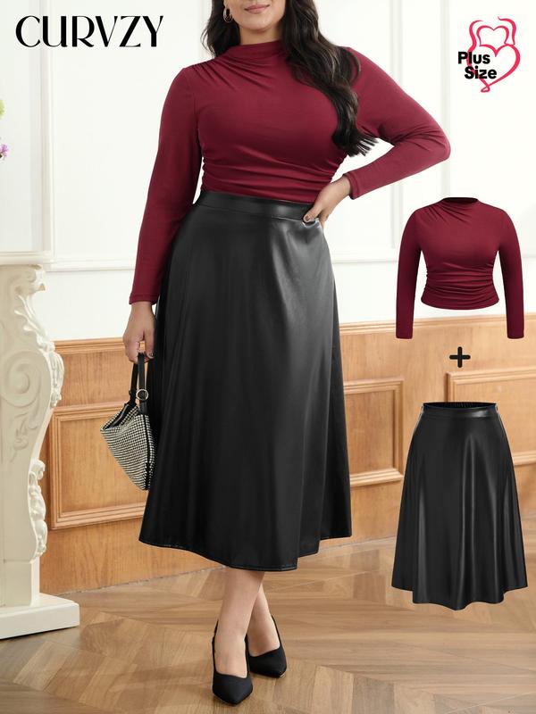 CURVZY Plus Size Two-Piece Set Solid Ruched Stand Collar Top & Skirt, Casual Fashion Cozy Outfits for Daily Outdoor Wear, Women Clothing for Fall & Winter